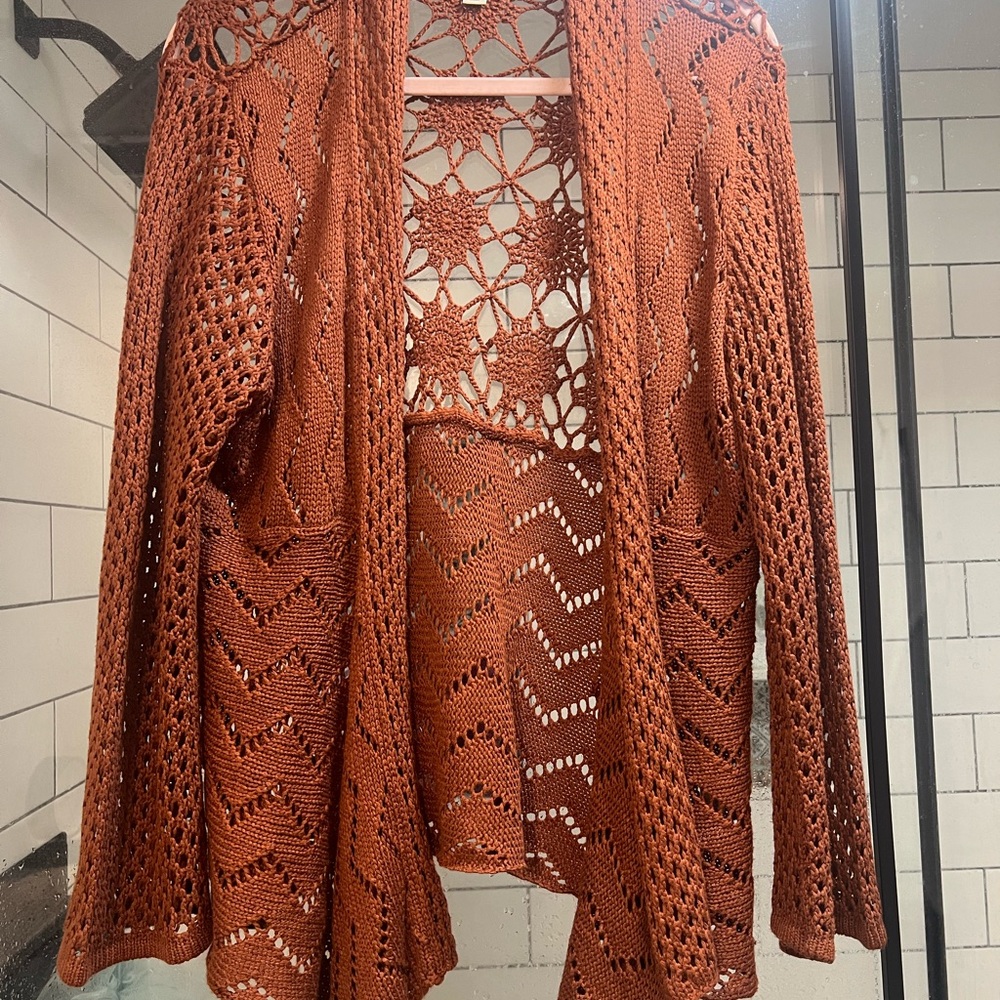 Women's Crochet Open-Front Sweater - Rust